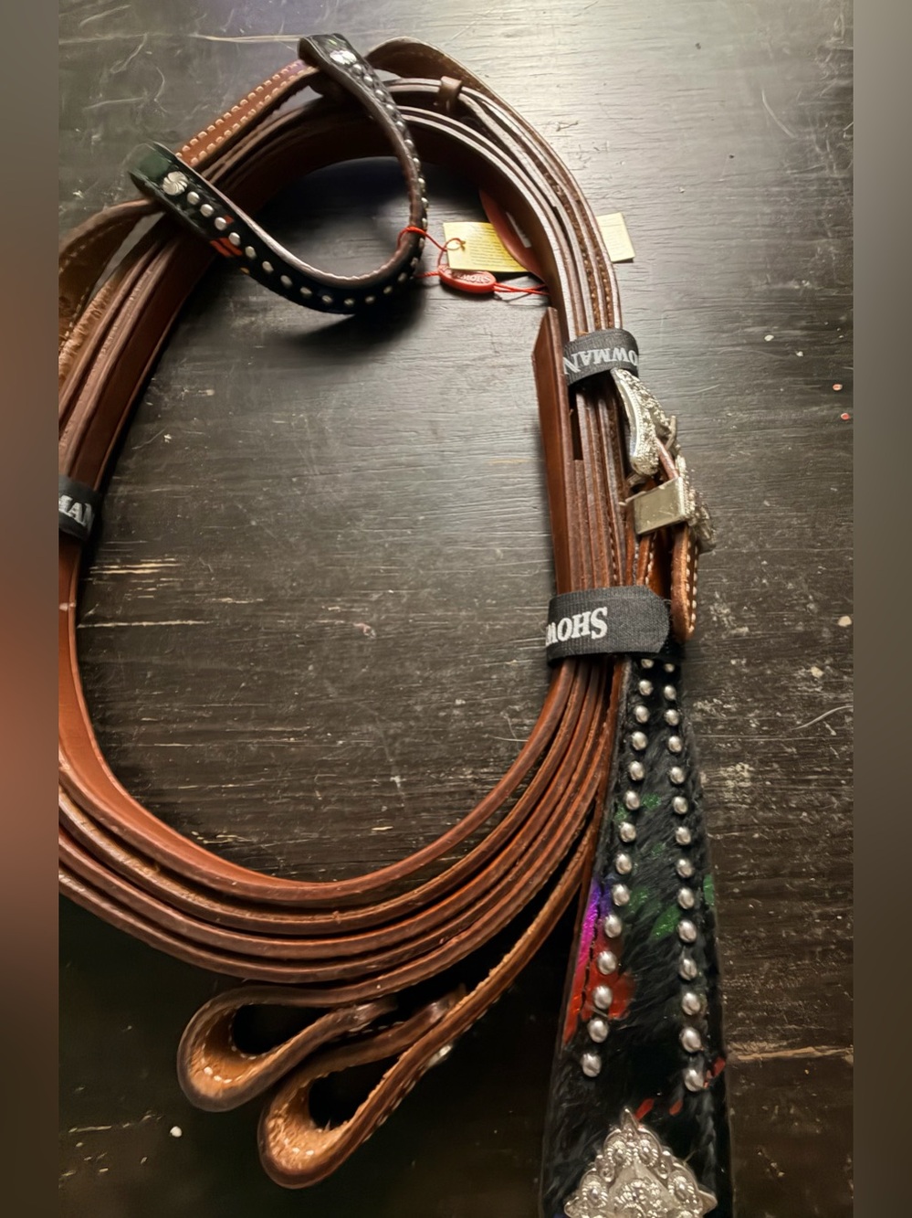 Western Studded Leather Headstall Reins Bridle Black Cowhide Splashed with Neon